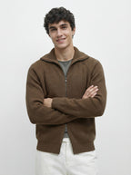 Mayfairloom modal high-neck knit cardigan displayed on a hanger, featuring a soft, cozy fabric and classic design.