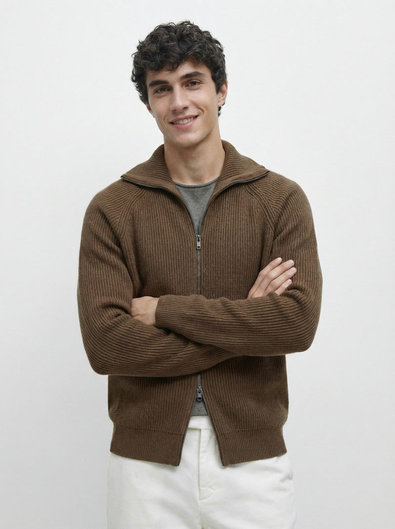 Mayfairloom modal high-neck knit cardigan displayed on a hanger, featuring a soft, cozy fabric and classic design.