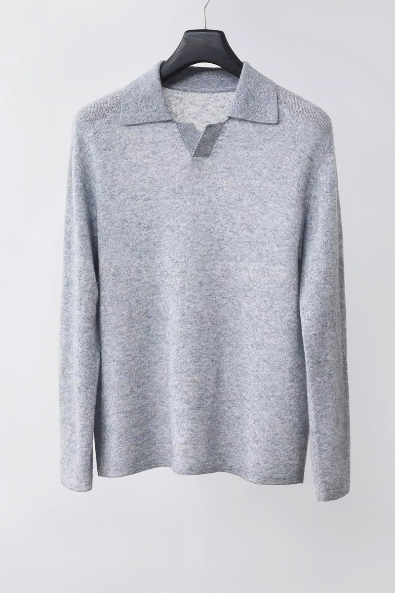 Mayfairloom Silk-Core V-Neck Cashmere Sweater displayed on a model, showcasing its soft texture and elegant V-neck design.