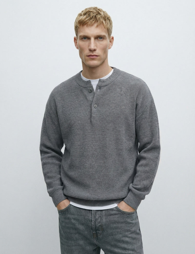 Grey Nomad Knit Henley Sweater by Mayfairloom, featuring a classic knit texture and henley neckline.