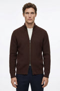 MayfairLoom Aura ribbed cardigan in a classic old money style, showcasing its textured knit and neutral color.