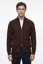 MayfairLoom Aura ribbed cardigan in a classic old money style, showcasing its textured knit and neutral color.