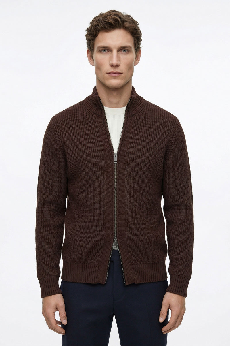 MayfairLoom Aura ribbed cardigan in a classic old money style, showcasing its textured knit and neutral color.