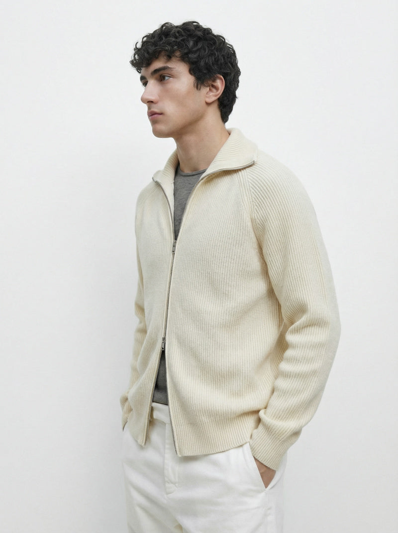 Mayfairloom modal high-neck knit cardigan displayed on a model, showcasing its cozy, stylish design in a natural setting.