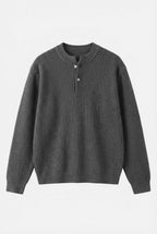 Mayfairloom double-twist cotton ribbed henley sweater, close-up of soft, textured fabric and button placket.
