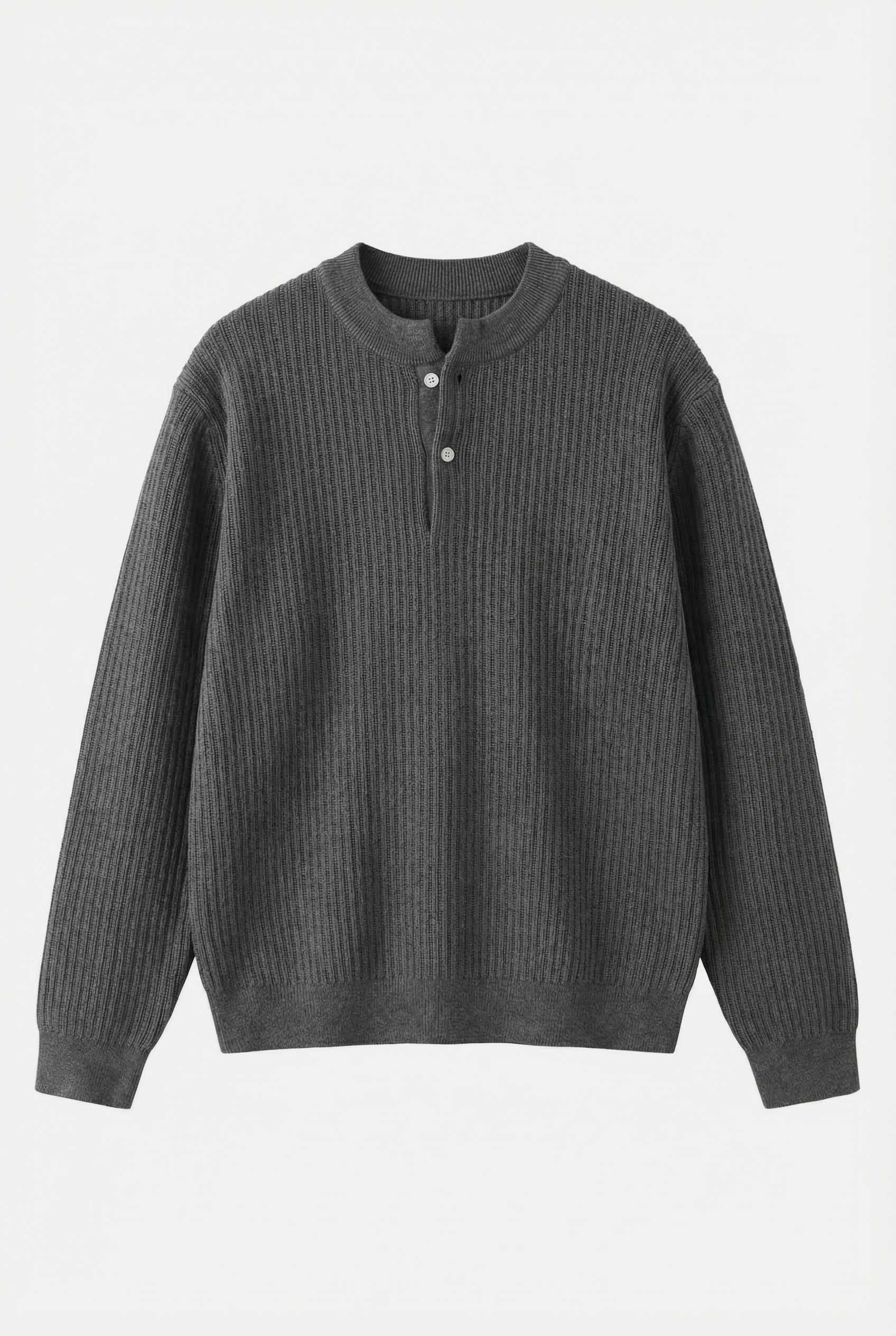 Mayfairloom double-twist cotton ribbed henley sweater, close-up of soft, textured fabric and button placket.