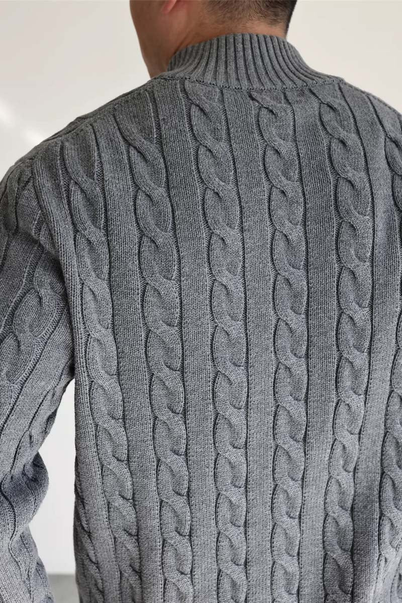 Cable-knit cotton quarter-zip sweater by MayfairLoom featuring a classic old money style in a cozy, textured knit fabric.