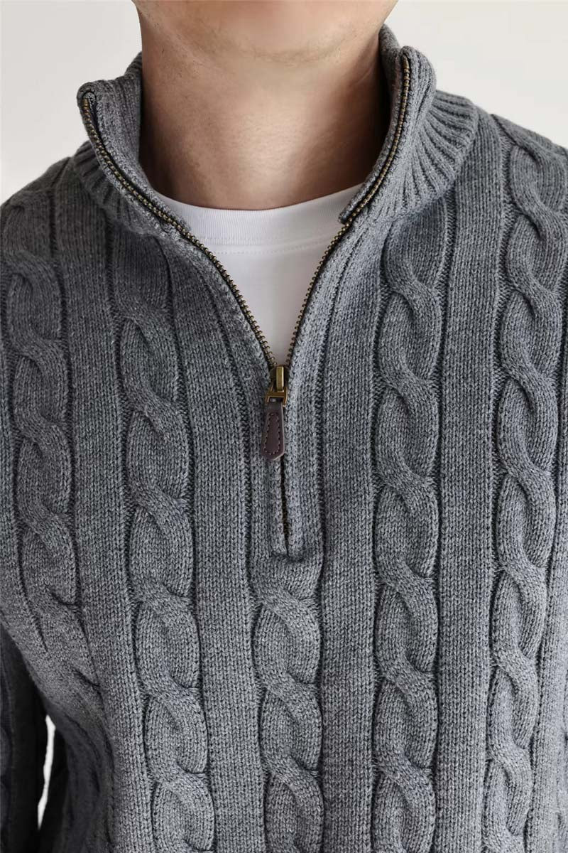 Cable-knit cotton quarter-zip sweater by MayfairLoom featuring a classic old money style, shown in natural beige color.