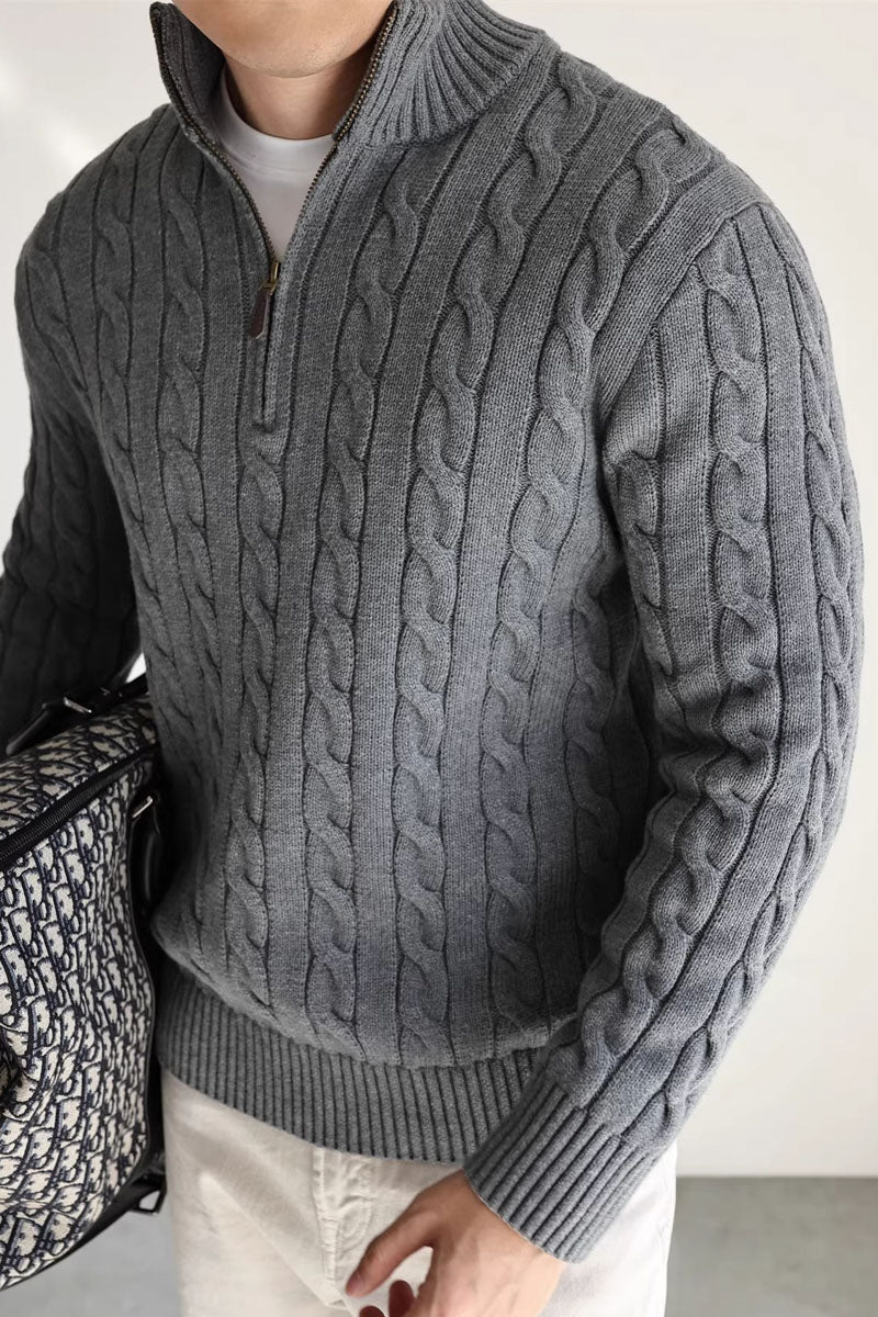 MayfairLoom cable-knit cotton quarter-zip sweater in a classic old money style, featuring a cozy knit texture and versatile design.