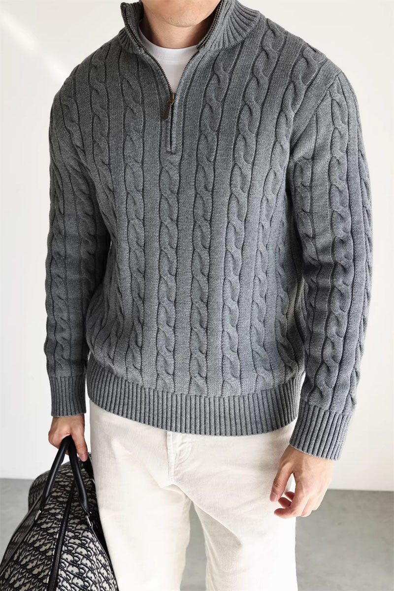Cable-knit cotton quarter-zip sweater from MayfairLoom featuring a classic old money style, shown in a natural close-up.