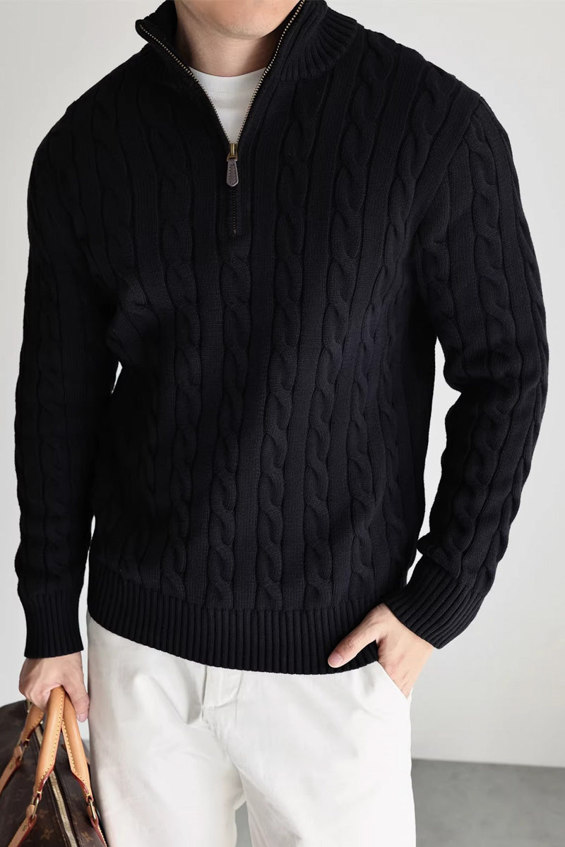 Cable-knit cotton quarter-zip sweater by MayfairLoom, featuring a classic style with a cozy, textured knit and a high collar.