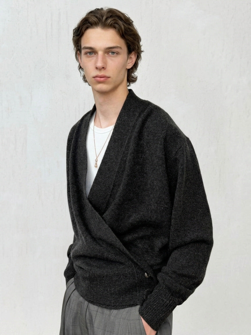 V-neck pure wool wrap cardigan from MayfairLoom, featuring a classic old money style with soft, warm wool fabric and elegant design.