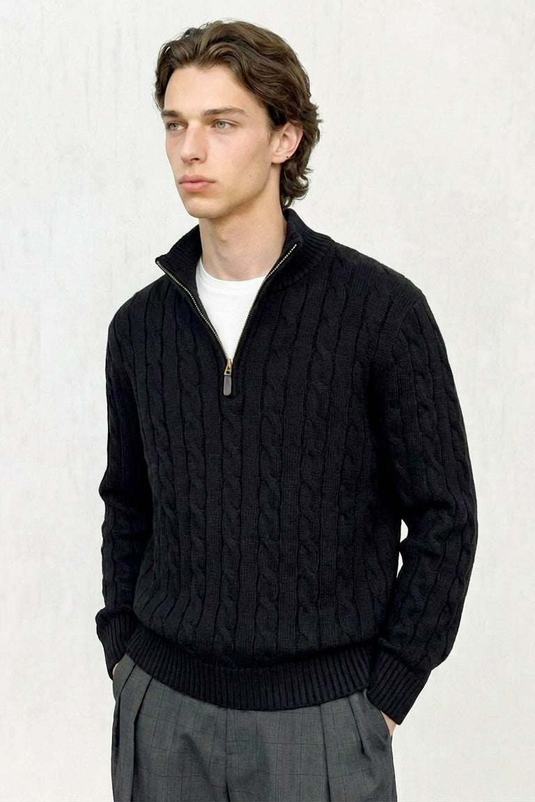 Cable-knit cotton quarter-zip sweater from MayfairLoom featuring a classic old money style, shown in a close-up of the fabric and zipper.