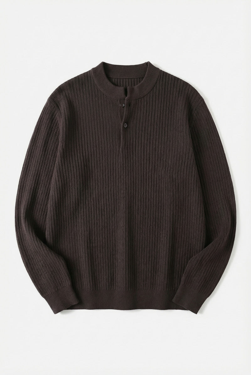 Mayfairloom double-twist cotton ribbed henley sweater displayed on a hanger, showcasing its textured knit and classic design.