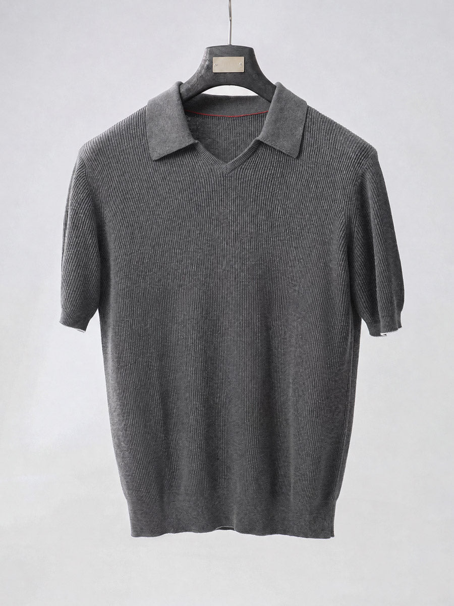 Mayfairloom Gullwing V-Neck Knit Polo shirt in neutral color, featuring a V-neckline and classic knit texture.