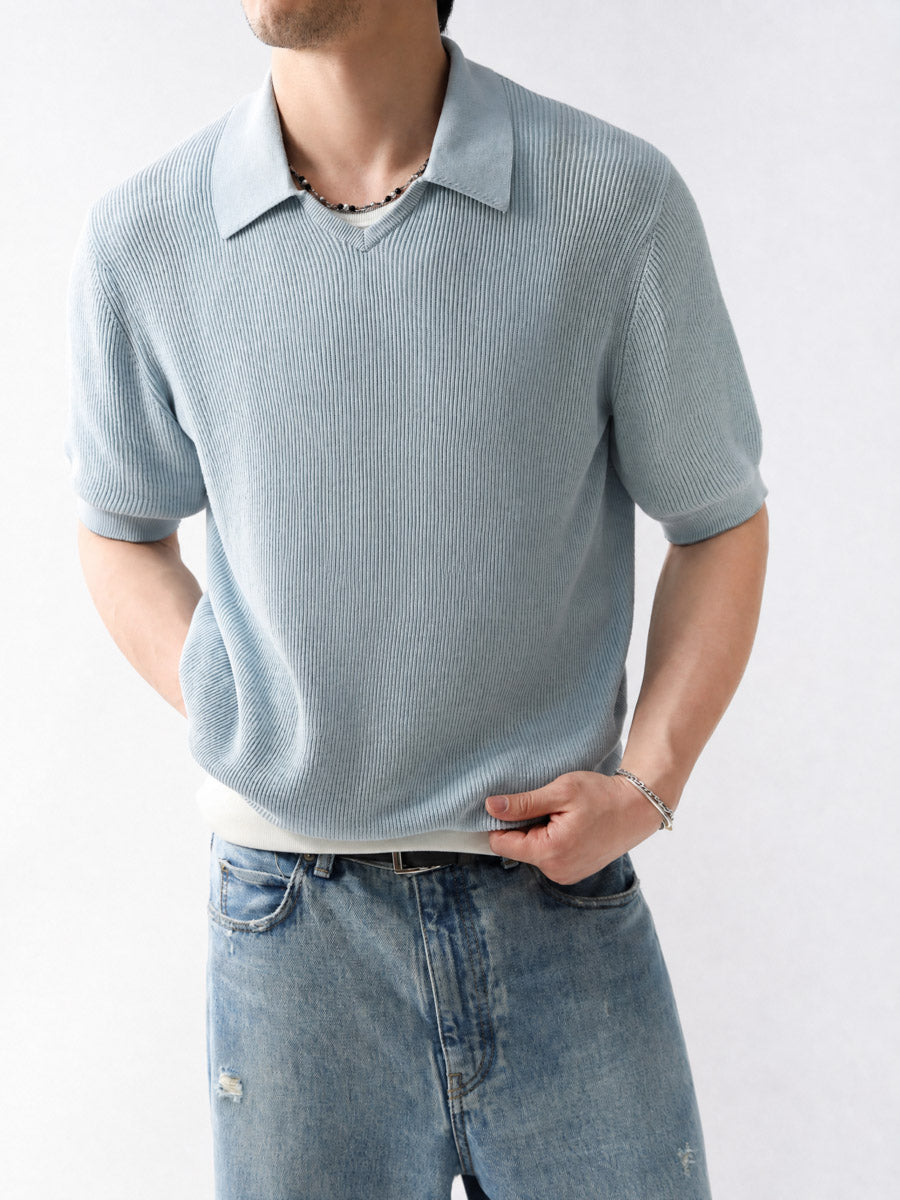 Mayfairloom Gullwing V-Neck Knit Polo shirt featuring a classic V-neck and knit fabric, shown in a stylish close-up.