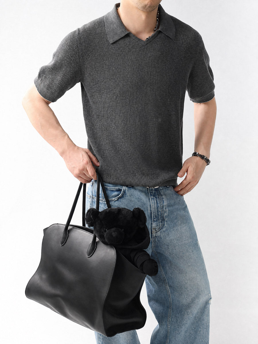 Mayfairloom Gullwing V-Neck Knit Polo displayed on a model, showcasing its classic V-neck and textured knit fabric.