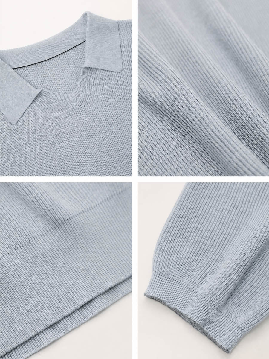Mayfairloom Gullwing V-Neck Knit Polo shirt in a classic design, featuring a V-neck and knit fabric, displayed on a hanger.