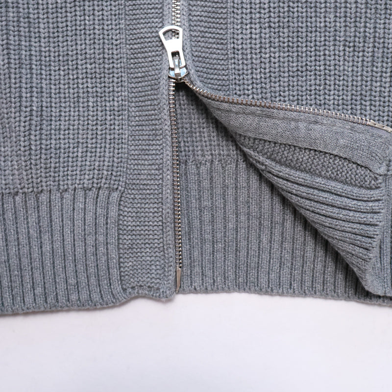 Mayfairloom Belvoir Cardigan V1 in grey, made of 100% cotton, displayed on a hanger with a soft knit texture.