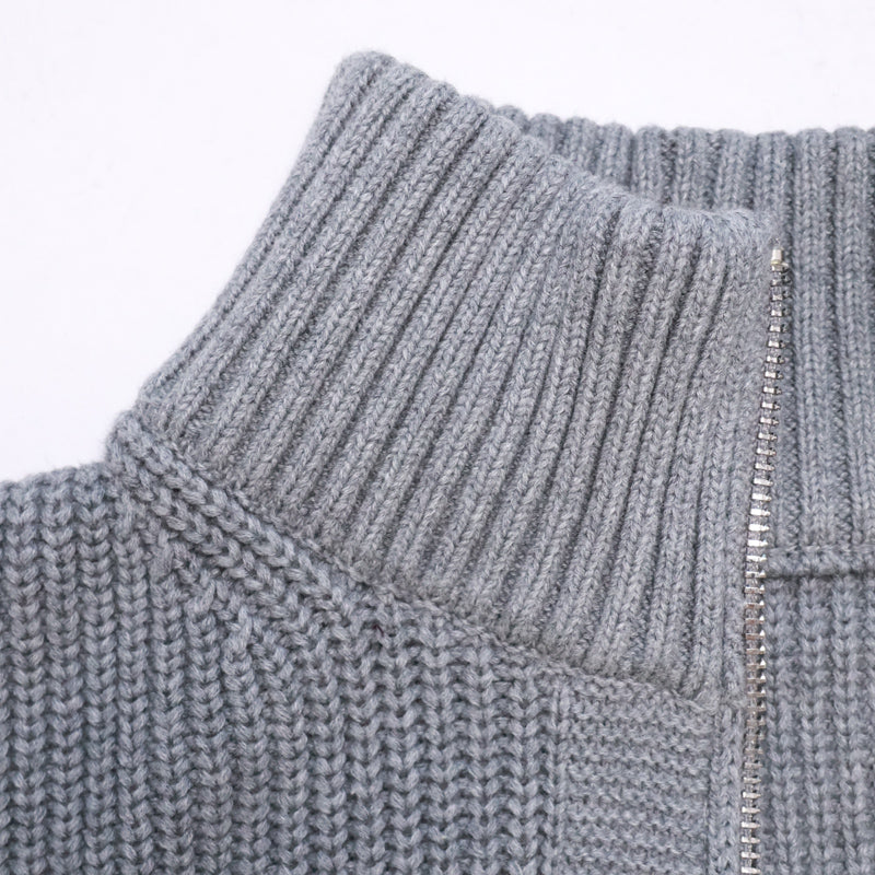 Mayfairloom Belvoir Cardigan V1 in grey, made of 100% cotton, shown on a hanger with a soft knit texture.