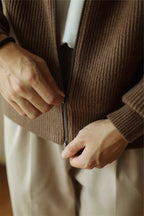 Mayfairloom modal high-neck knit cardigan displayed on a model, featuring a cozy, stylish design with long sleeves and a fitted silhouette.