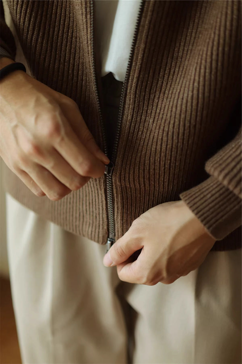 Mayfairloom modal high-neck knit cardigan displayed on a model, featuring a cozy, stylish design with long sleeves and a fitted silhouette.