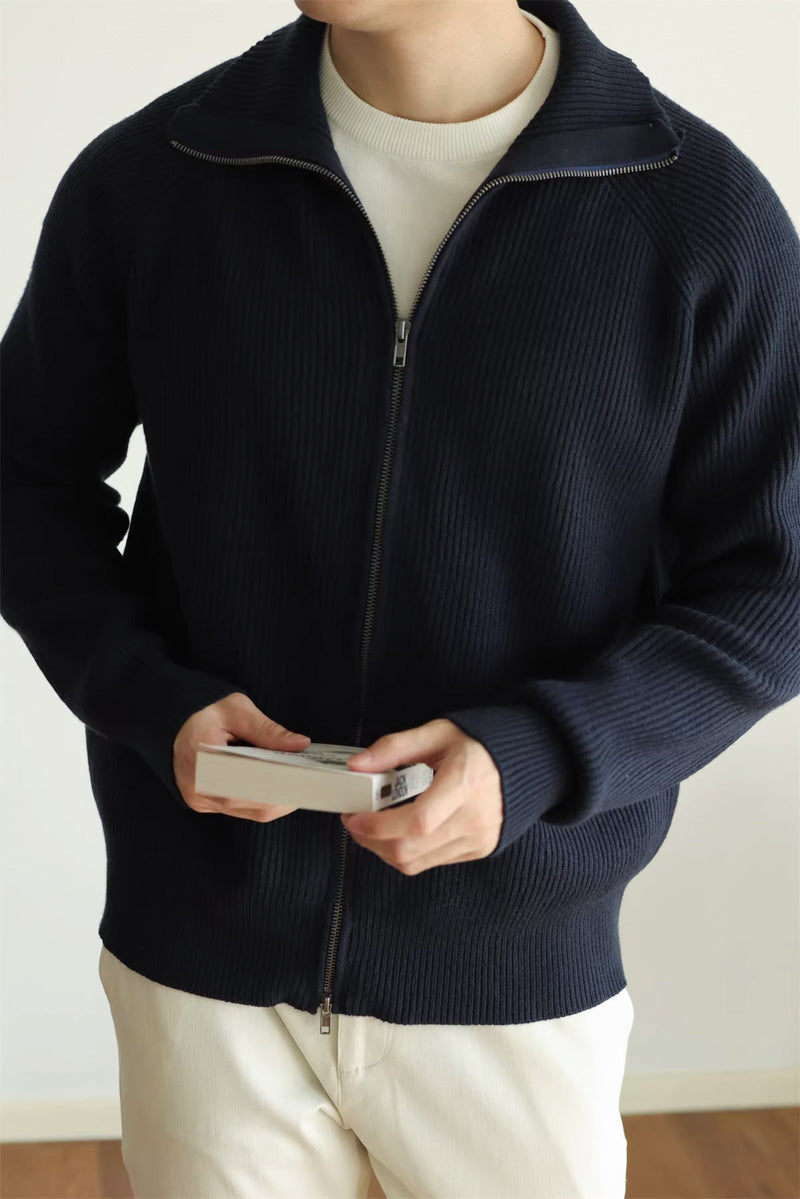 Mayfairloom modal high-neck knit cardigan displayed on a hanger, featuring a cozy, stylish design in soft fabric.