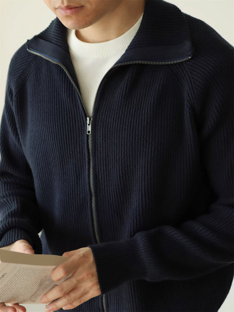 Mayfairloom modal high-neck knit cardigan displayed on a model, featuring a cozy, stylish design with long sleeves and a fitted silhouette.