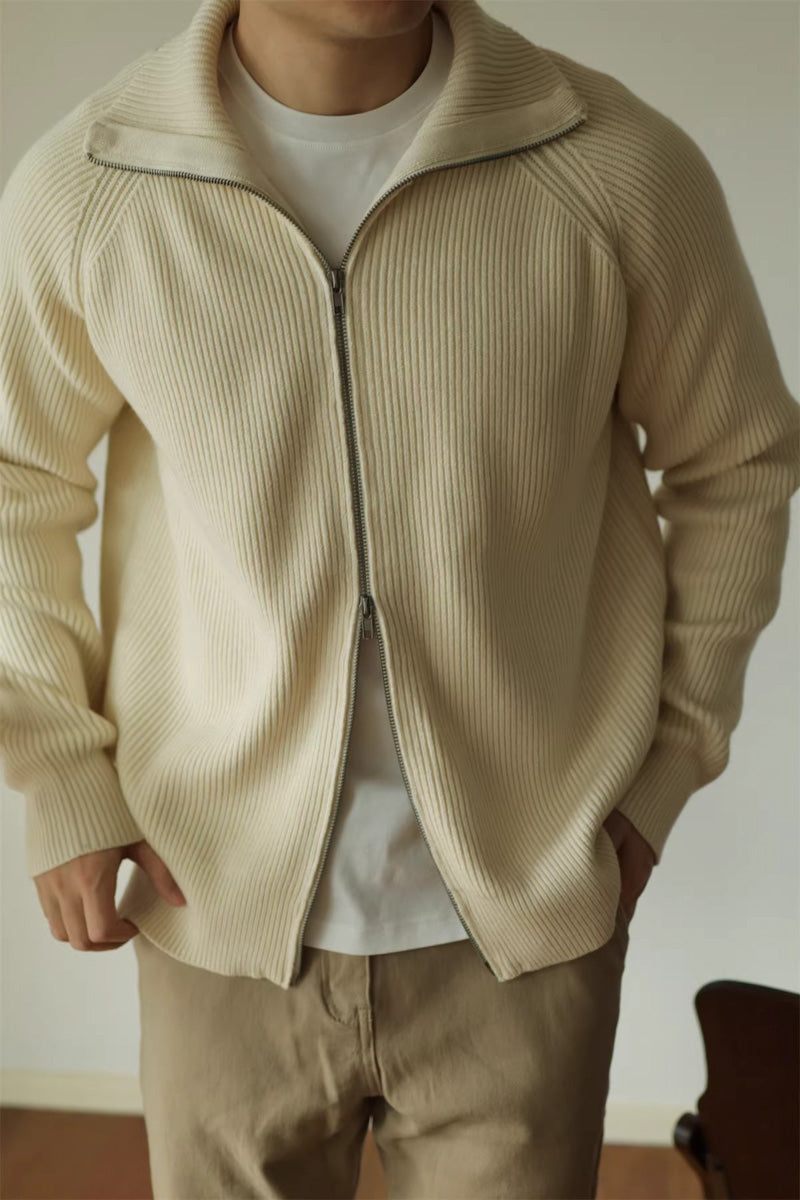 Mayfairloom modal high-neck knit cardigan displayed in a cozy, stylish front view, showcasing its soft fabric and high neckline.