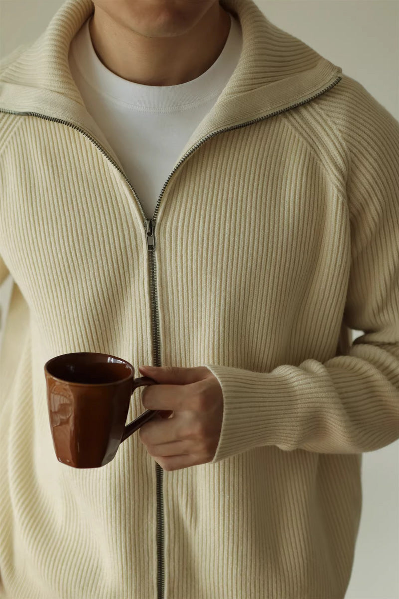 Mayfairloom modal high-neck knit cardigan displayed on a mannequin, featuring a cozy, stylish design with long sleeves and ribbed cuffs.