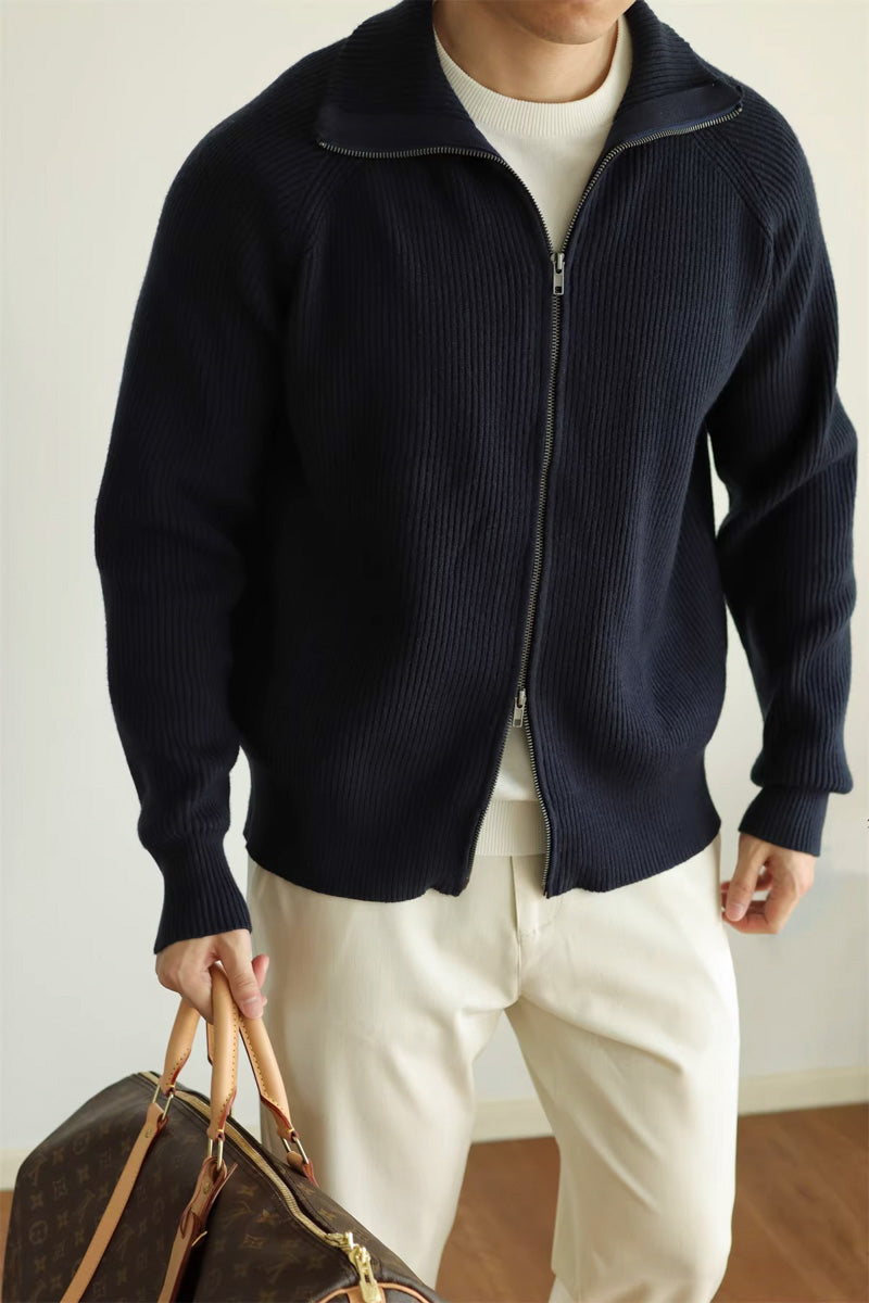 Mayfairloom modal high-neck knit cardigan shown in a cozy, stylish fit with long sleeves and a button-up front.