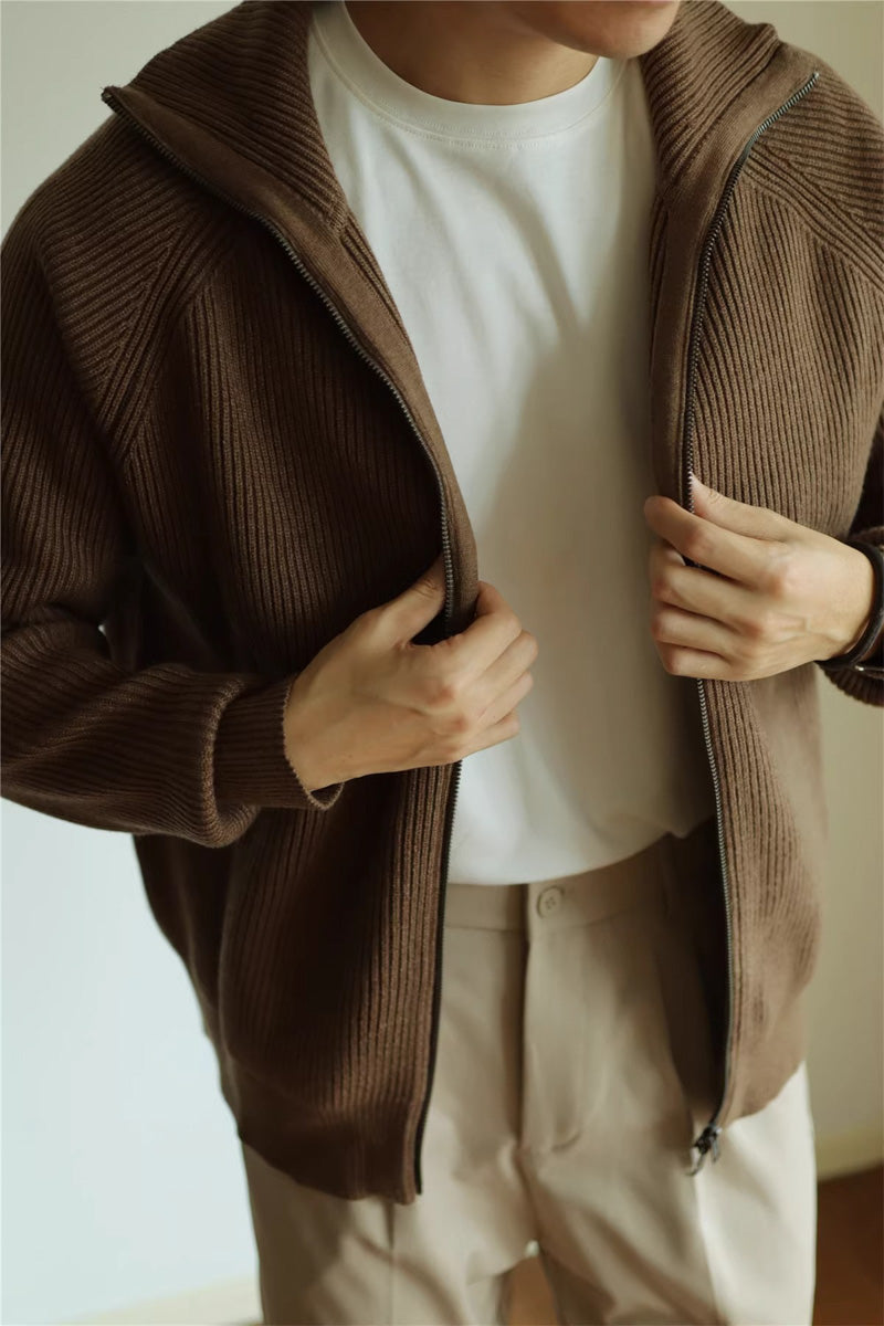 Mayfairloom modal high-neck knit cardigan featuring a cozy, fitted design with long sleeves and a ribbed texture.