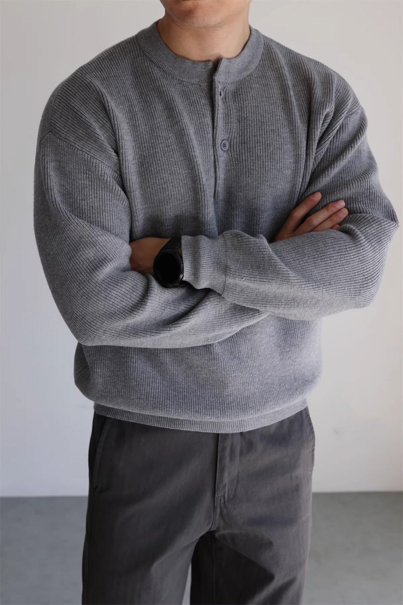 Mayfairloom Nomad Knit Henley Sweater in cozy knit fabric, featuring a Henley collar and long sleeves for casual style.