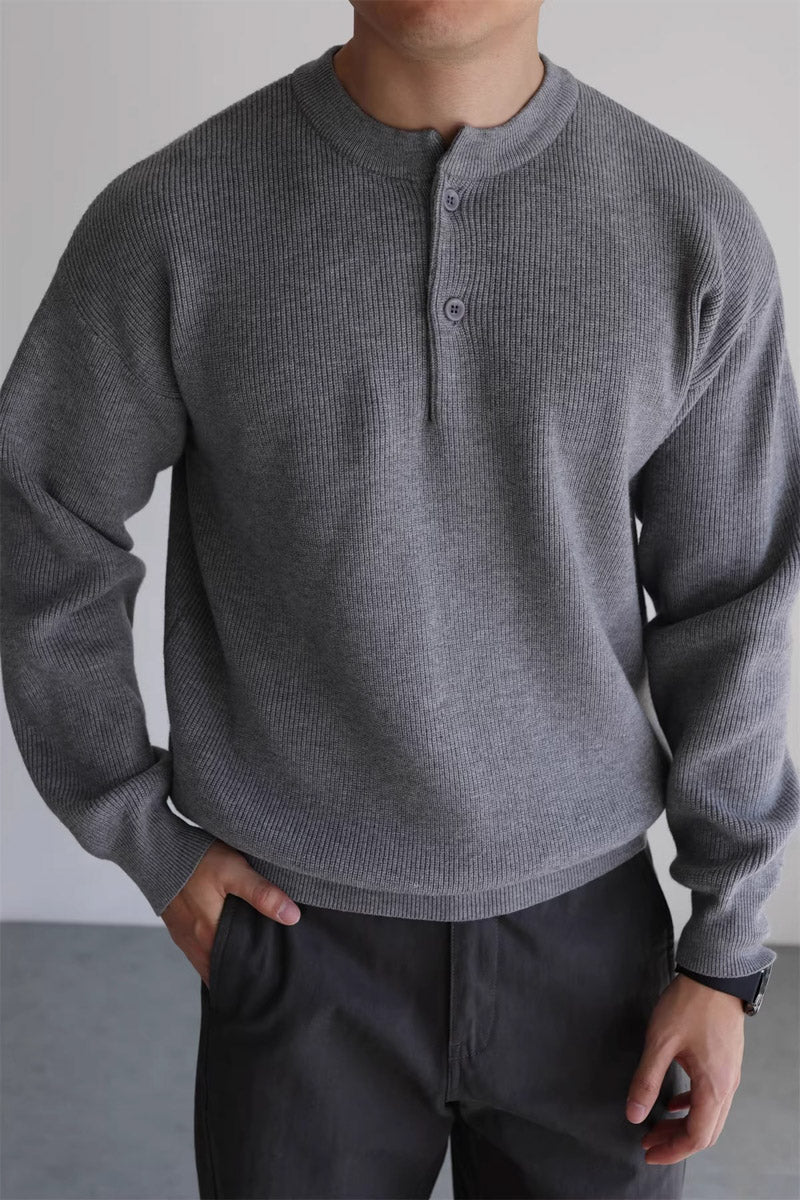 Mayfairloom Nomad Knit Henley Sweater in cozy, textured knit fabric with a classic henley neckline and long sleeves.