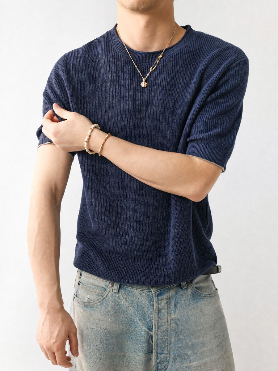 Mayfairloom Bruges Linen Knit Tee in soft beige, featuring a relaxed fit and lightweight linen knit fabric.