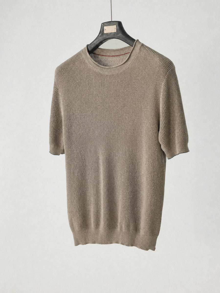 Mayfairloom Bruges Linen Knit Tee in neutral color, featuring a relaxed fit and soft linen knit fabric.