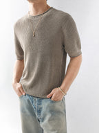 Mayfairloom Bruges linen knit tee shown in natural beige, featuring a relaxed fit and soft, textured fabric.