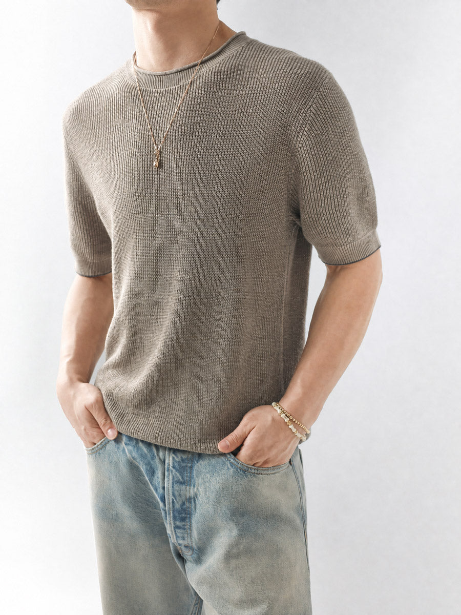 Mayfairloom Bruges linen knit tee shown in natural beige, featuring a relaxed fit and soft, textured fabric.