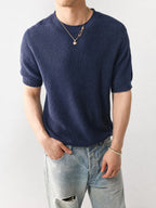 Mayfairloom Bruges Linen Knit Tee shown on a model, featuring a relaxed fit, lightweight linen blend fabric, and casual style.