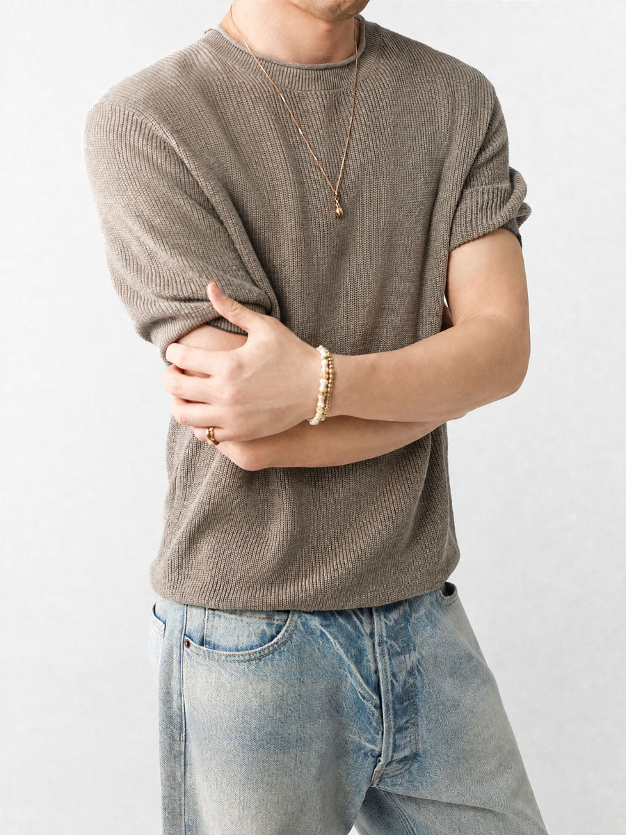 Mayfairloom Bruges linen knit tee featuring a relaxed fit and soft fabric, shown in a natural beige color.
