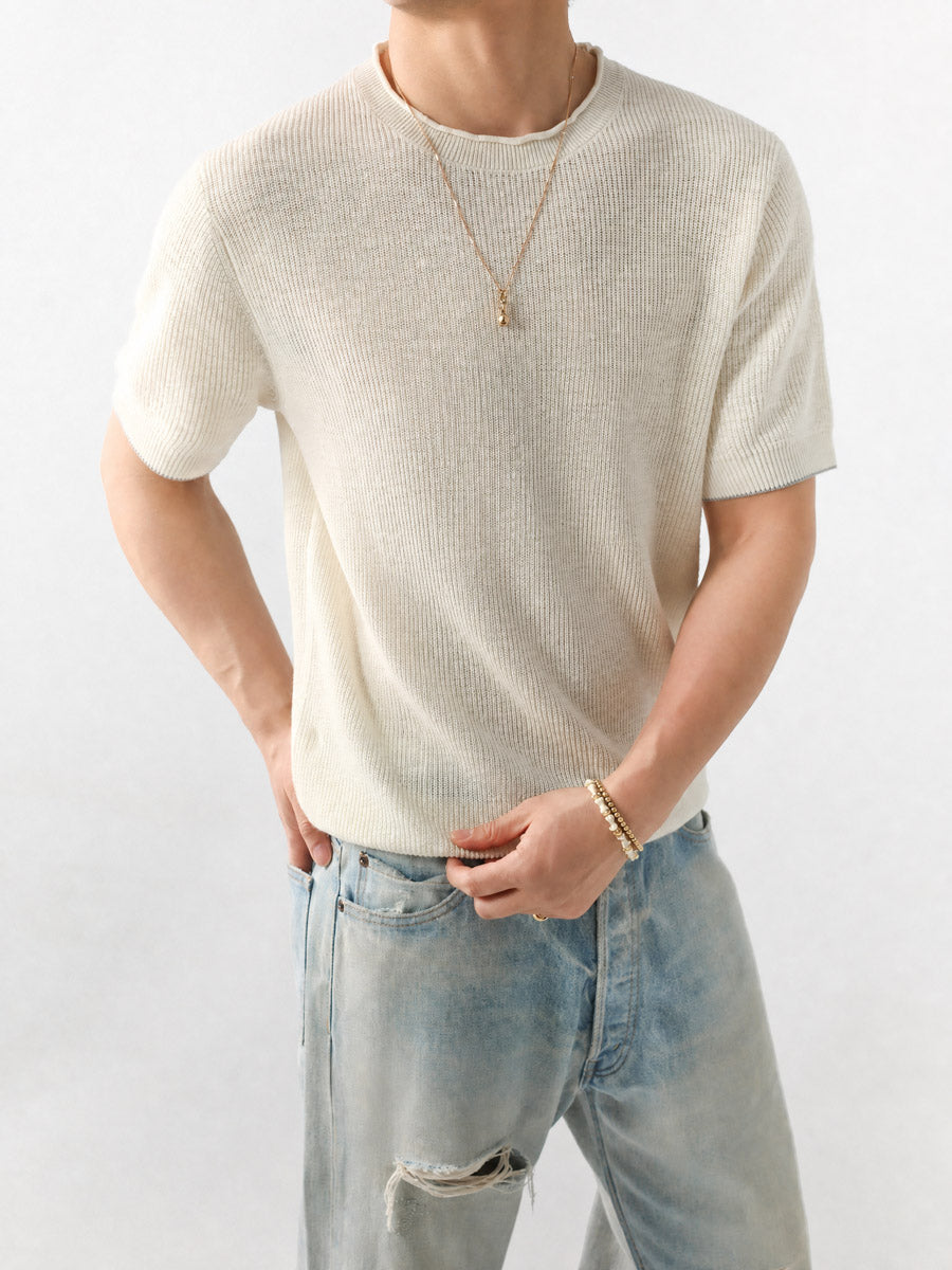 Mayfairloom Bruges Linen Knit Tee in neutral color, close-up of soft, lightweight fabric and relaxed fit for casual wear.