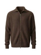 Mayfairloom modal high-neck knit cardigan displayed on a hanger, showcasing its soft fabric and cozy design.