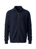 Mayfairloom modal high-neck knit cardigan displayed on a hanger, showcasing the soft fabric and stylish high neckline.