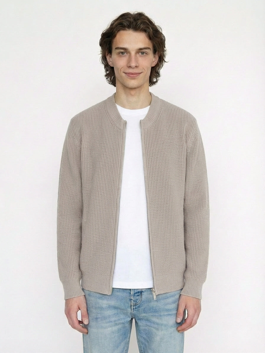 MayfairLoom rib knit zip-up bomber jacket for fishermen style, featuring a textured rib design and front zipper closure.
