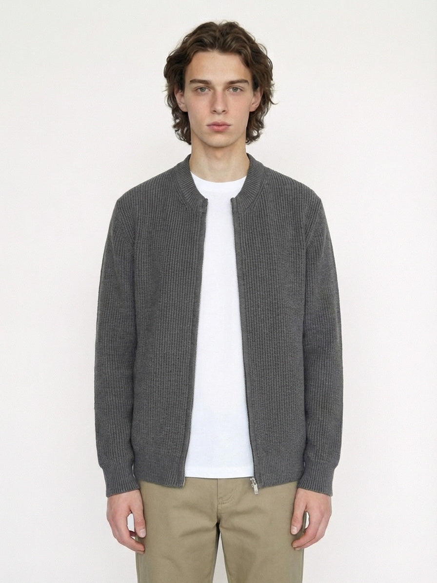 MayfairLoom Fisherman Rib Knit Zip-Up Bomber Jacket showing the textured knit fabric and front zipper detail.