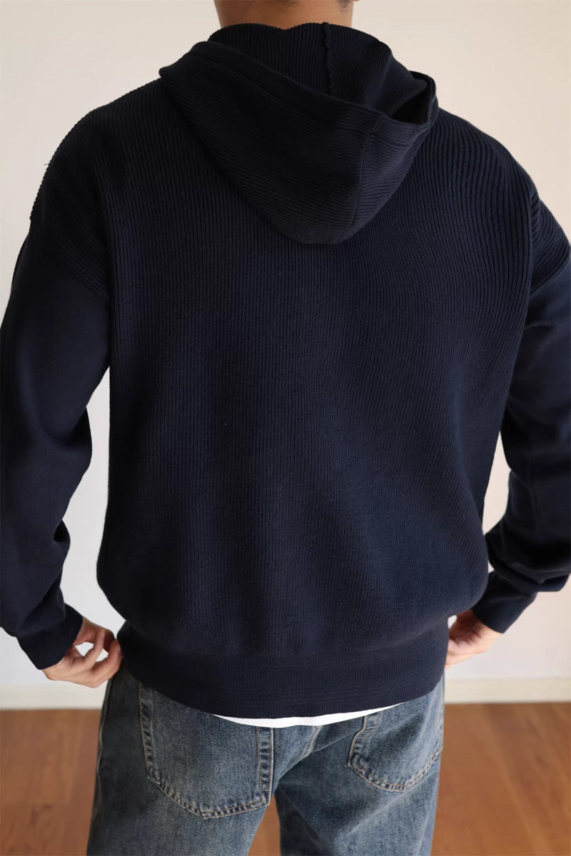 Mayfairloom Fragment Knit Hoodie Cardigan displayed on a model, featuring a cozy, textured knit fabric and casual fit.