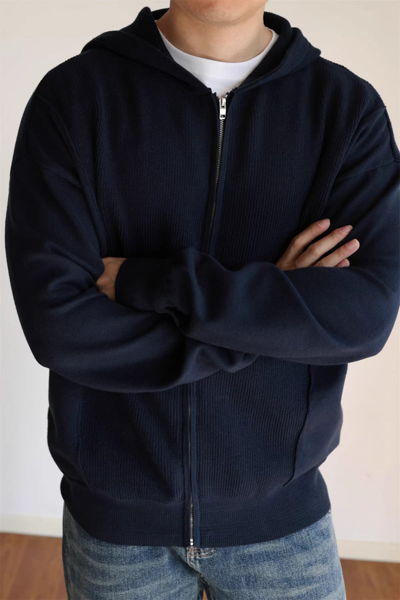 Mayfairloom Fragment Knit Hoodie Cardigan displayed on a model, highlighting its cozy knit fabric and relaxed fit.