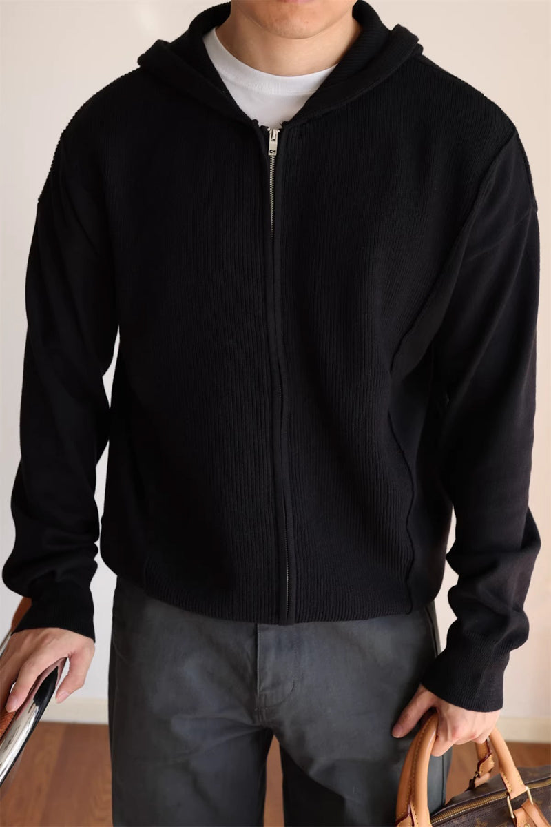 Mayfairloom Fragment Knit Hoodie Cardigan displayed on a model, showcasing its cozy knit fabric and relaxed fit.