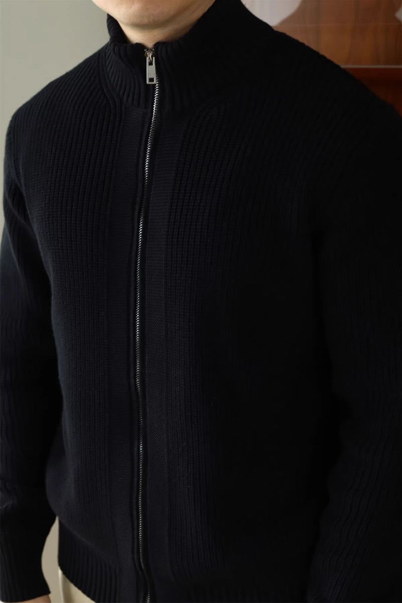 MayfairLoom Aura ribbed cardigan in neutral color, featuring a classic fit and textured knit design.