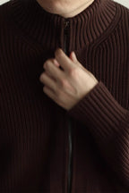 MayfairLoom Aura ribbed cardigan in neutral color, featuring a classic fit and textured knit, perfect for sophisticated casual wear.